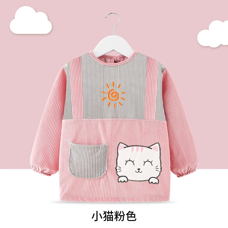 宝宝罩衣围兜吃饭反穿衣长袖秋冬儿童围裙幼儿园护衣围衣 太阳-粉小猫 16(建议2-3周岁)