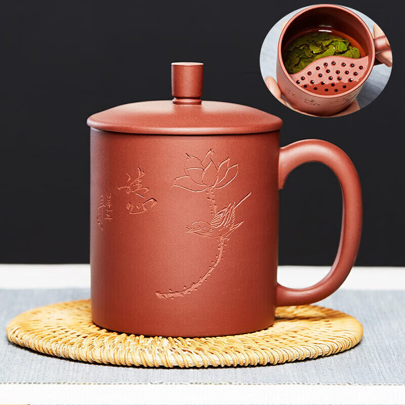 尊壶宜兴紫砂杯手工茶具茶水分离泡茶杯礼盒装 直筒隔断紫茄泥420cc
