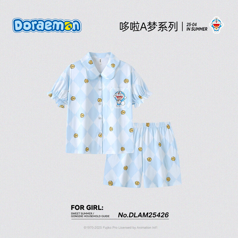 宫蝶哆啦A梦睡衣女夏季纯棉短袖可外穿卡通家居服套装 哆啦A梦短袖套装 L （建议100-120斤）
