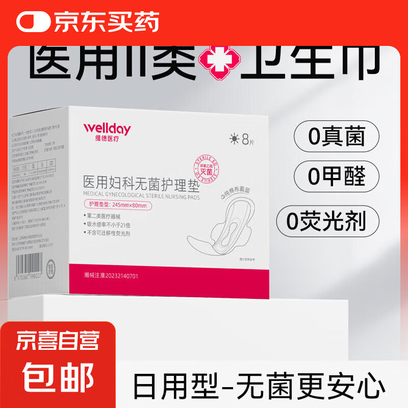 医用级卫生巾无菌级 二类械字号医用垫巾医用姨妈巾瞬吸干爽 【日用】 245×80mm 8片/盒