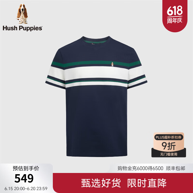 Hush Puppies【简约经典】暇步士男装2025夏季休闲款全棉条纹短袖圆领衫 墨蓝色 L