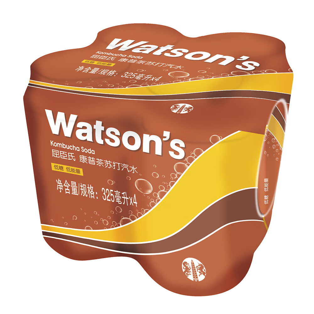屈臣氏(Watsons)苏打汽水康普茶味气泡饮料 325ml*4罐连包装