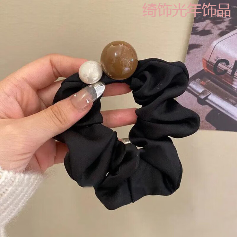 法式时尚小众设计珍珠缎面大肠发圈复古优雅高弹力低马尾头圈发饰 珍珠大肠发圈黑色1个