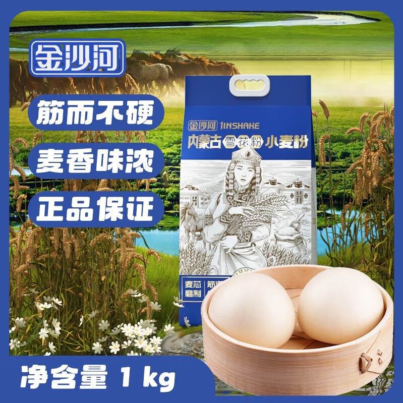 金沙河内蒙古雪花粉 白面包子馒头饺子炒面拉面 中筋面粉 家用小麦粉 内蒙古雪花粉1kg*1袋